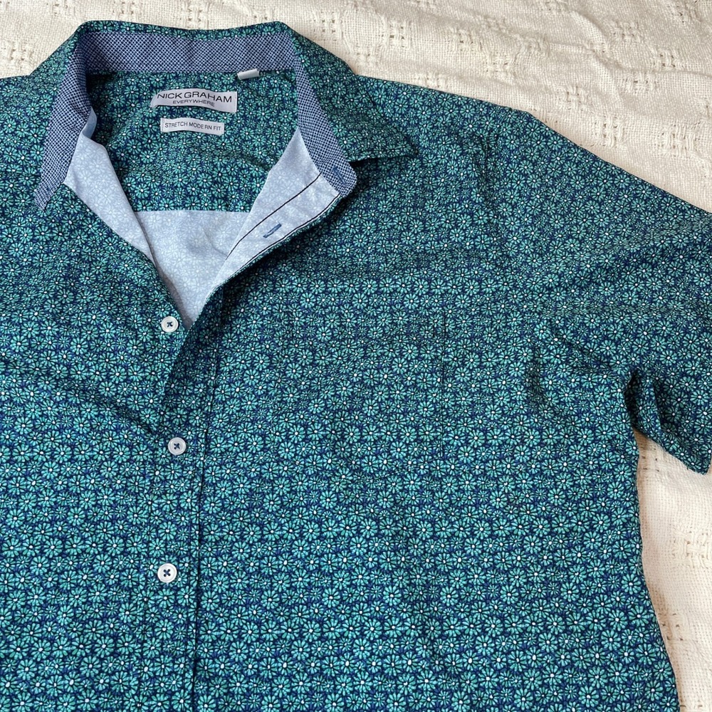 NICK GRAHAM EVERYWHERE Stretch Modern Fit Short Sleeve Floral Print‎ Button Down